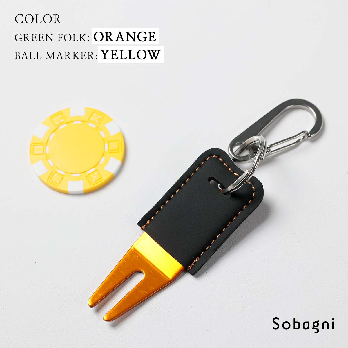 ソバニ公式 グリーンフォーク&名入れボールマーカーセット 名入れサービス オリジナル ゴルフ コンペ 景品 プレゼント ボールマーク 日本製 合皮 合成皮革 国産エシカルレザー ヴィーガンレザー カラビナ付き 赤 シルバー グリーン 計5色